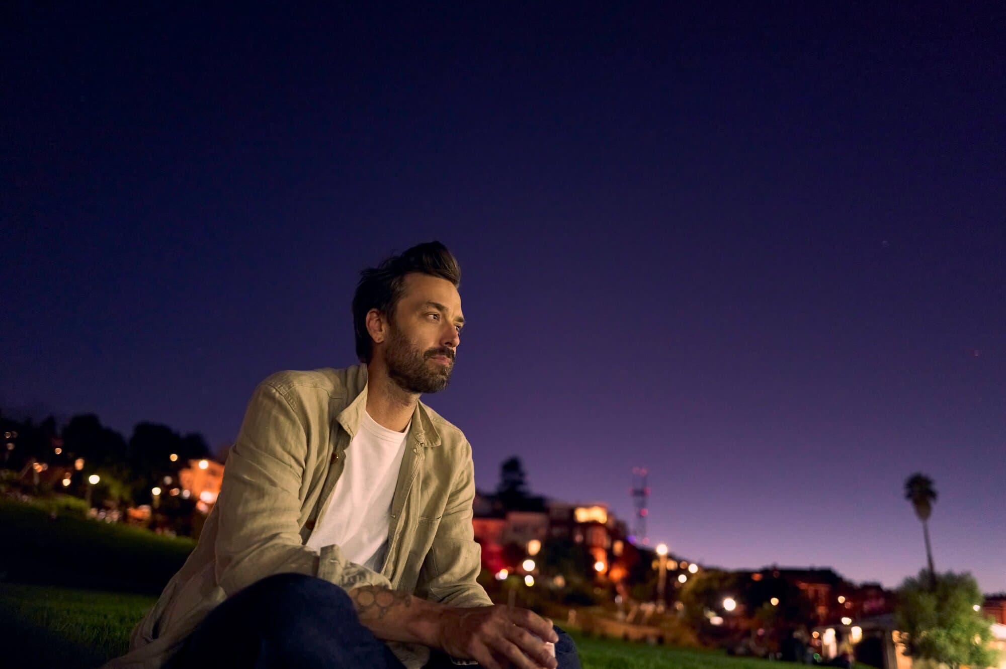 Jason Bowman, San Francisco writer, portrait at night