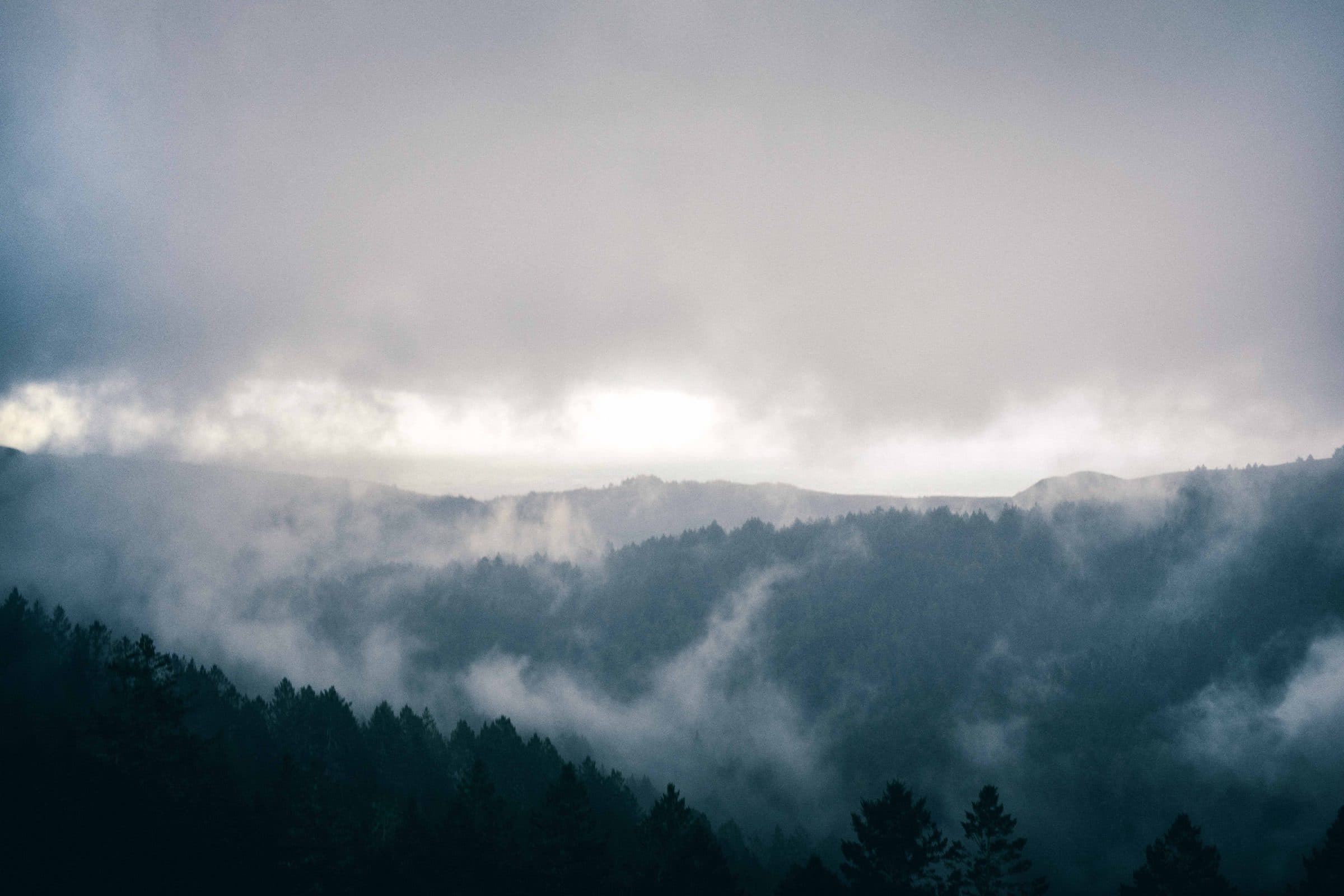 Fog rising through forested ridges under a storm sky, fine art photograph by Jason Bowman
